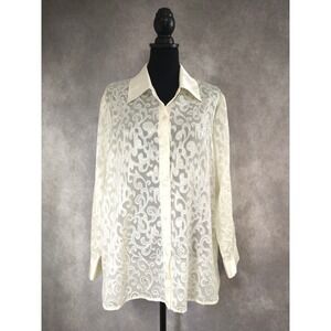 Studio Works Women's Sheer Ivory See Through Blouse Size 1X Scrolls Satin Collar